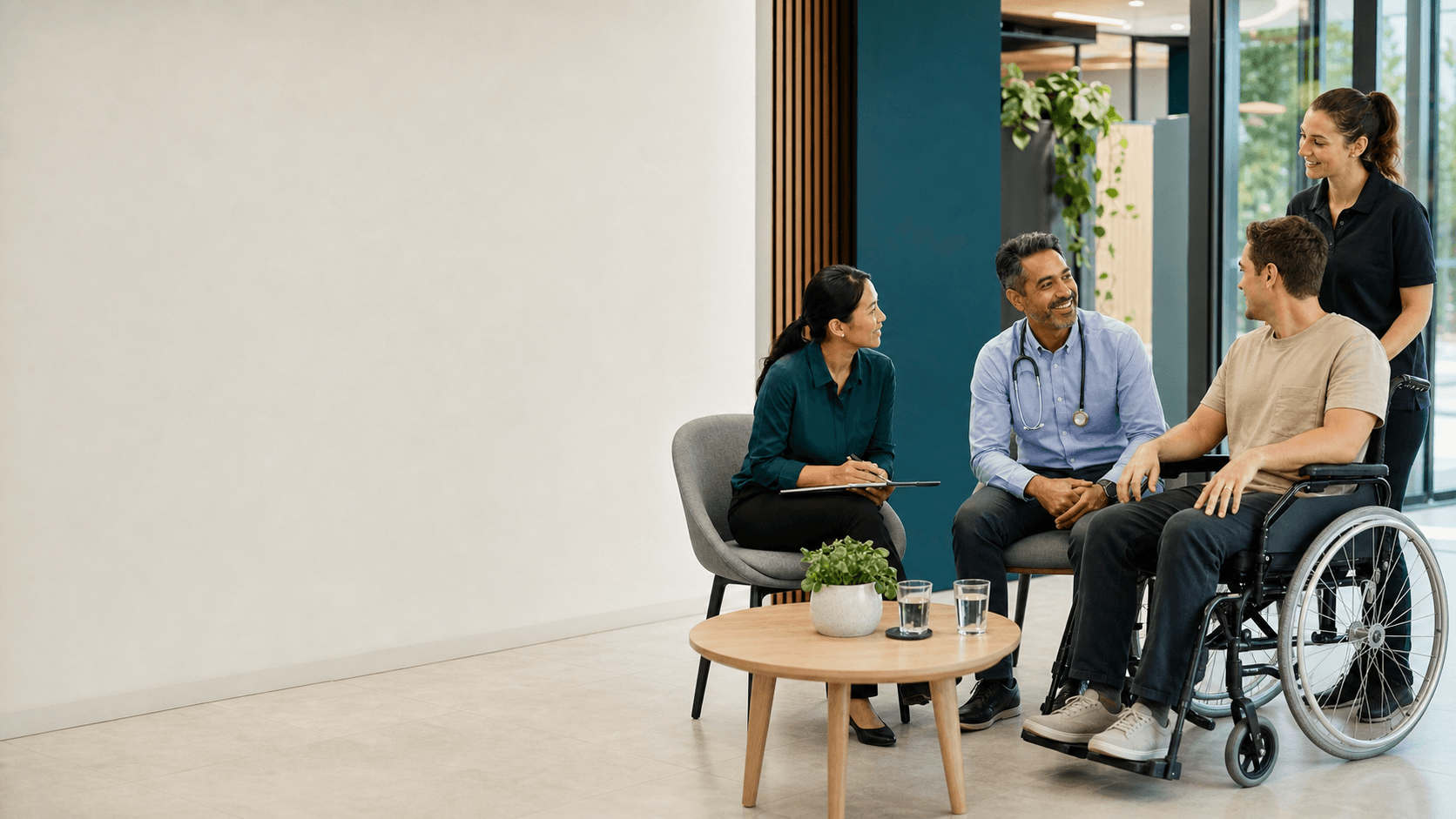 Doctor, healthcare adviser and disability support professionals meeting together